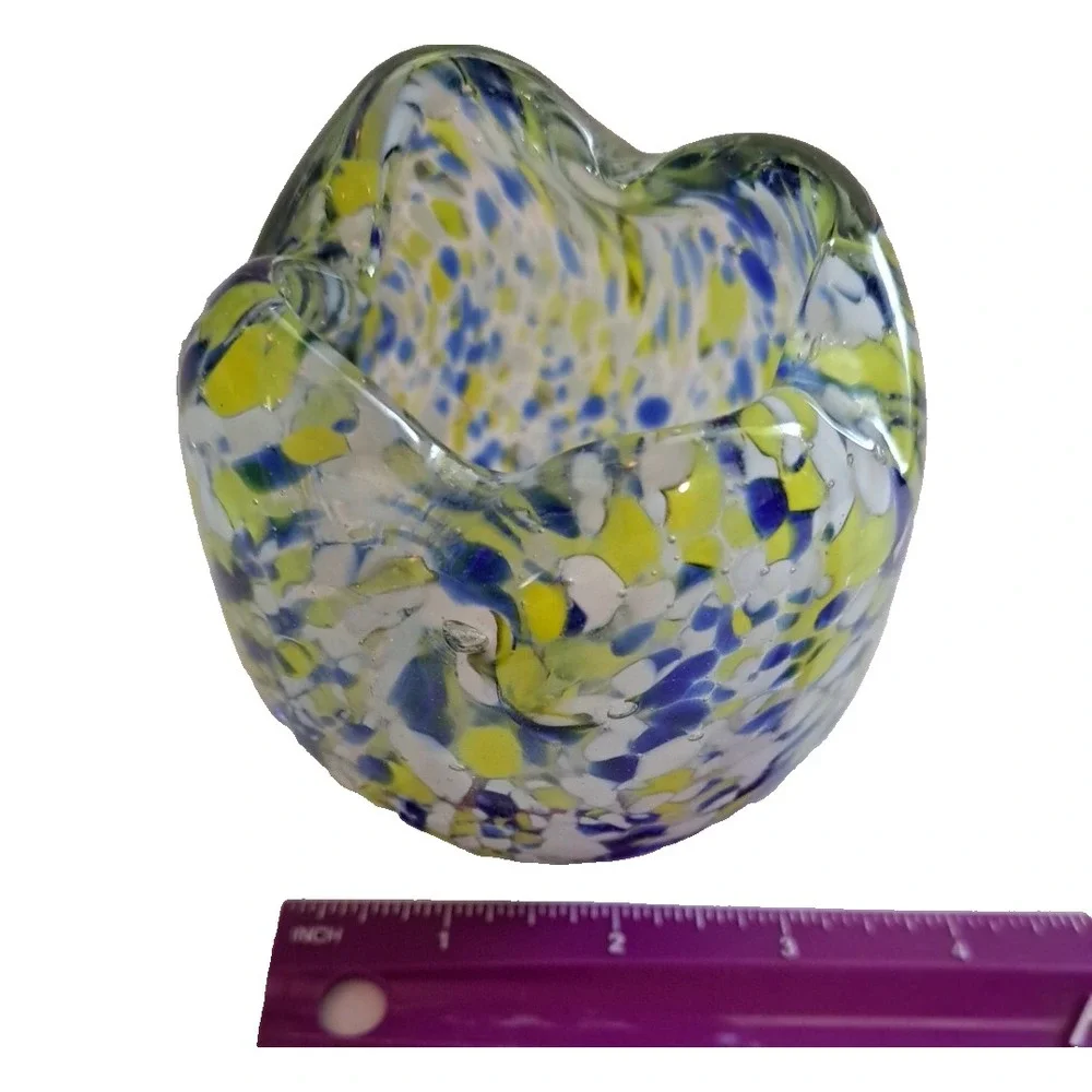MCM Art Deco Glass Hand Blown Vase Cup Scallop Yellow Blue 3.5
